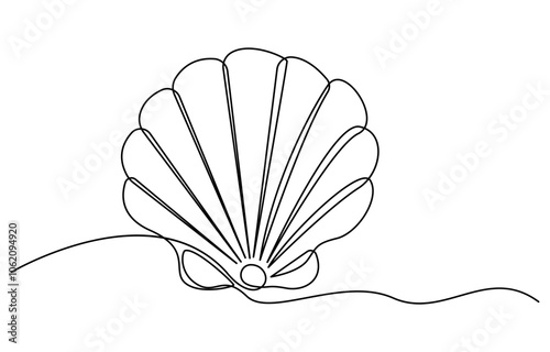 Continuous one line drawing of open oyster shell with pearl. Seashell symbol and banner of beauty spa and wellness salon in simple linear style, Continuous unilinear pattern of shells. Scalloped pearl