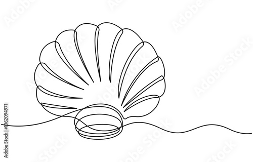 Continuous one line drawing of open oyster shell with pearl. Seashell symbol and banner of beauty spa and wellness salon in simple linear style, Continuous unilinear pattern of shells. Scalloped pearl