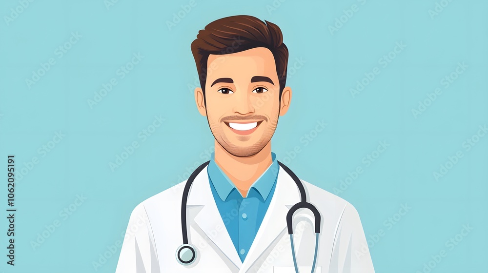 Smiling male doctor in a white coat with a stethoscope on a light blue background. Smiling male doctor in a white coat with a stethoscope on a light blue background.