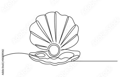 Continuous one line drawing of open oyster shell with pearl. Seashell symbol and banner of beauty spa and wellness salon in simple linear style, Continuous unilinear pattern of shells. Scalloped pearl