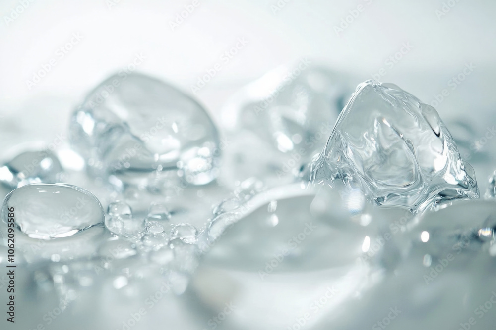 Close-up of clear ice cubes melting on a smooth surface with water droplets Close-up of clear ice cubes melting on a smooth surface with water droplets