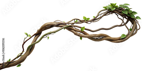 Twisted wild liana vine plant, nature frame jungle border, isolated on white background, clipping path, cut-out, 