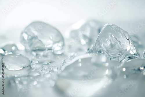 Close-up of clear ice cubes melting on a smooth surface with water droplets