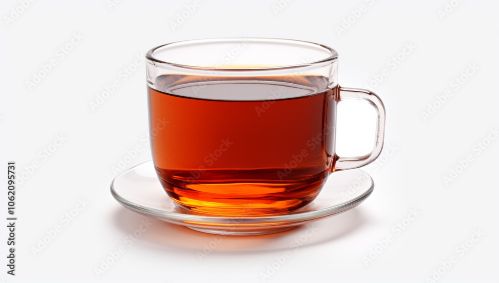 A clear glass cup filled with hot tea on a simple white background A clear glass cup filled with hot tea on a simple white background