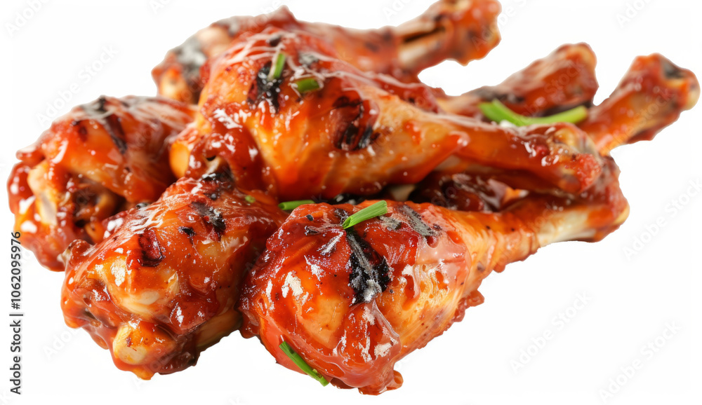 Grilled chicken drumsticks coated in barbecue sauce on a white background Grilled chicken drumsticks coated in barbecue sauce on a white background