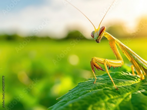 A close-up view of a green mantis perched on a leaf under soft sunlight, showcasing its intricate features and vibrant environment.