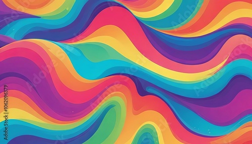 Colorful abstract background featuring a vibrant rainbow spectrum with geometric lines and waves, creating a seamless and bright design suitable for wallpaper or illustration