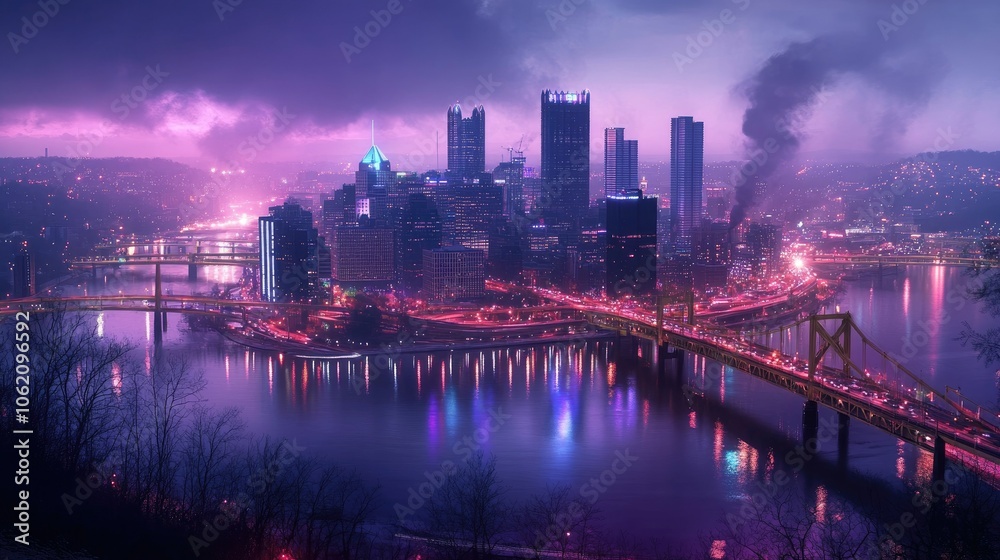Obraz premium Modern city connected by wireless network, illuminated skyline with tech overlay
