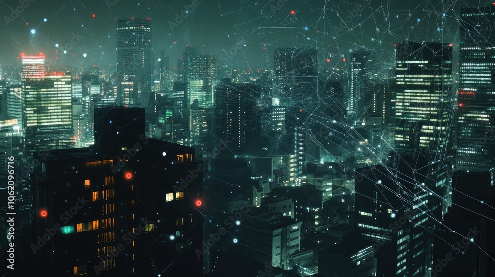 Modern urban landscape with network connections visible, night cityscape with tech overlay