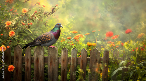 A Majestic Old Dutch Capuchine Pigeon in a Vibrant Garden Setting photo