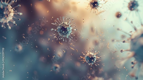 A close-up view of virus particles, showcasing their detailed structure and dispersed arrangement. The image highlights the microscopic world of infectious agents. photo