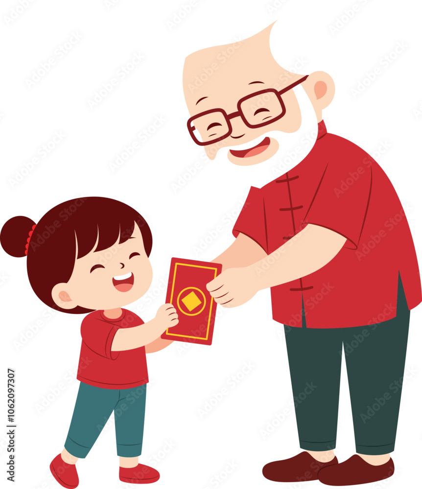 Child happily receiving red envelopes from grandpa. China lunar new year illustration