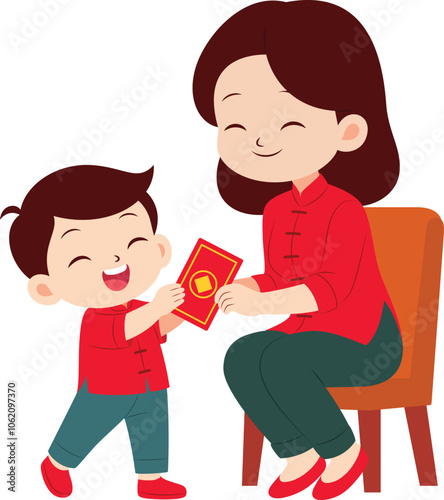 Child happily receiving red envelopes from mother. China lunar new year illustration