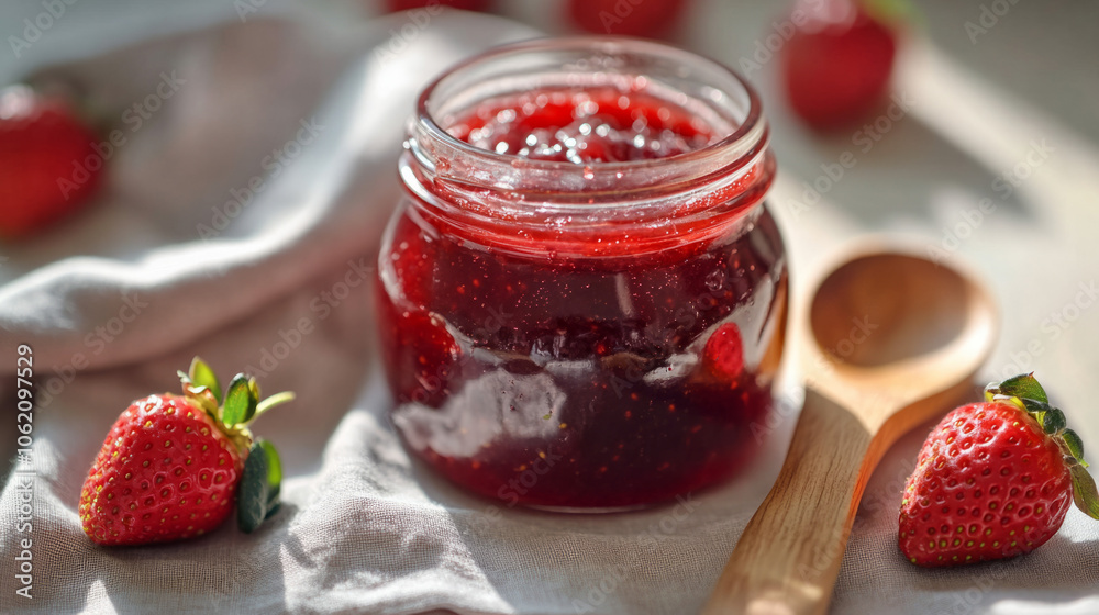 Delicious homemade strawberry jam in a jar on a linen cloth with fresh berries Delicious homemade strawberry jam in a jar on a linen cloth with fresh berries