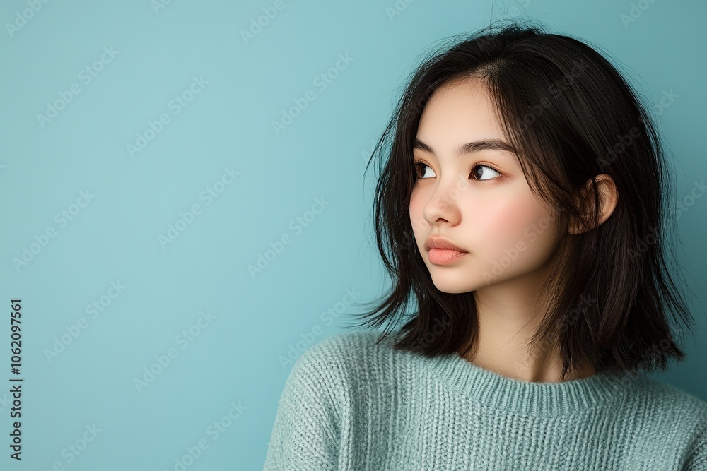 Young woman in sweater glancing away on blue backdrop Young woman in sweater glancing away on blue backdrop