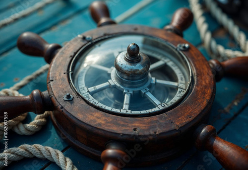 Vintage Maritime Ship Wheel and Compass on Deck photo