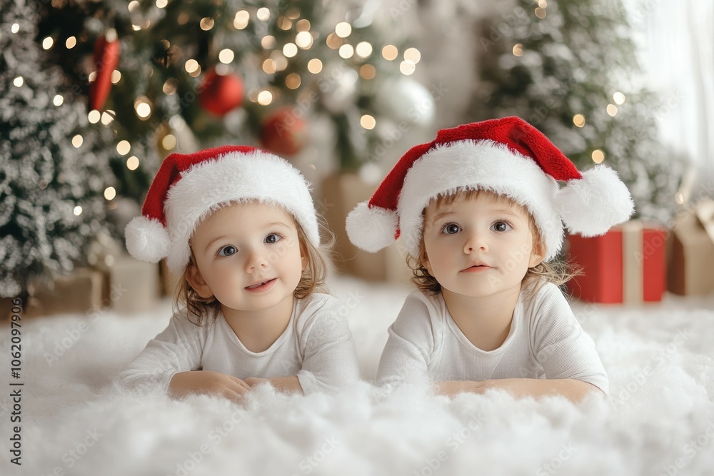 Two cute kids wearing red New Year hats, whole house decorated on Christmas day, gift boxes, happy new year concept