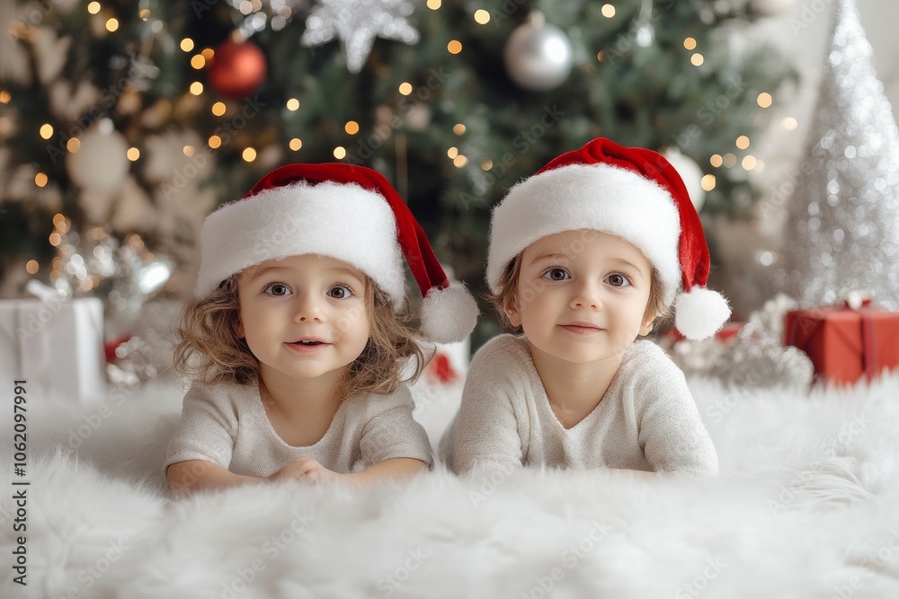 Two cute kids wearing red New Year hats, whole house decorated on Christmas day, gift boxes, happy new year concept Two cute kids wearing red New Year hats, whole house decorated on Christmas day, gift boxes, happy new year concept