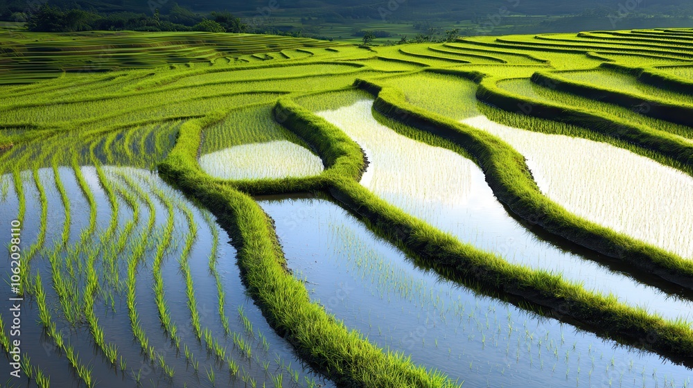 Naklejka premium Aerial View of Lush Paddy Fields with Reflections