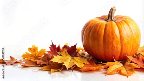 Autumn-themed stock photo featuring pumpkins and fall leaves on a white background