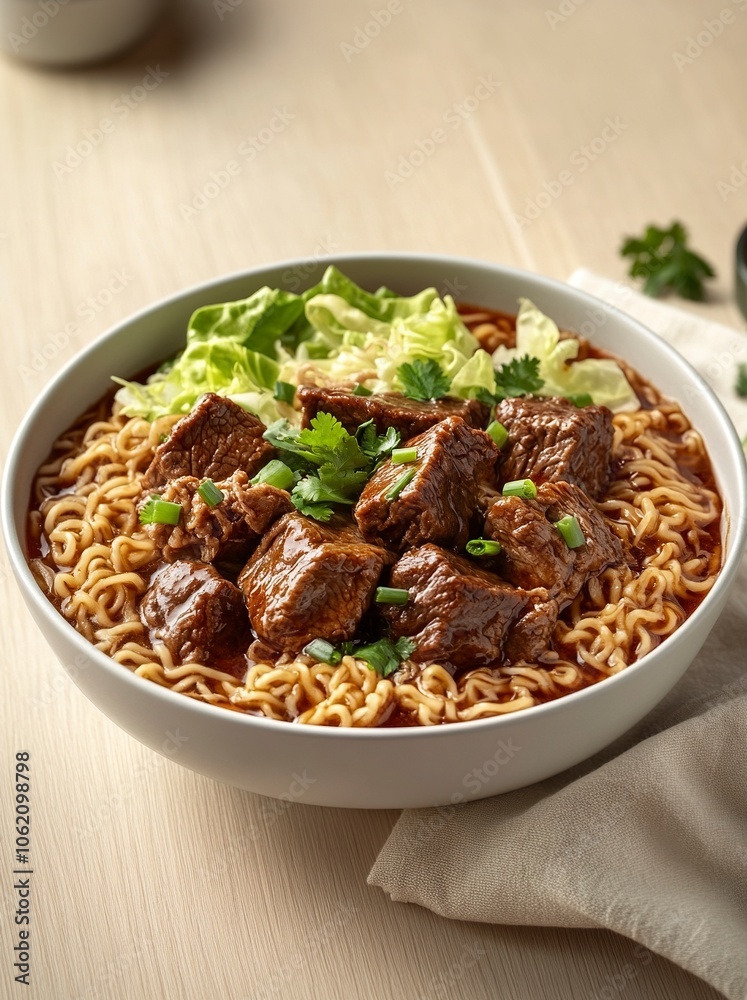 A bowl of braised beef instant noodles, chunks of beef, green cabbage leaves, coriander, placed on a light wood grain tabletop,generative ai A bowl of braised beef instant noodles, chunks of beef, green cabbage leaves, coriander, placed on a light wood grain tabletop,generative ai