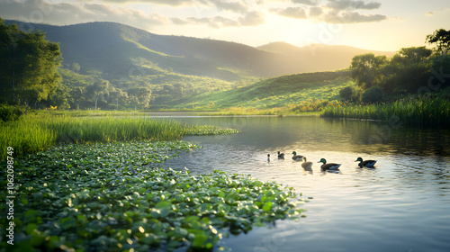 Serene Family: A Group of Black-bellied Whistling Ducks Swimming in a Calm, Scenic Lake Environment photo