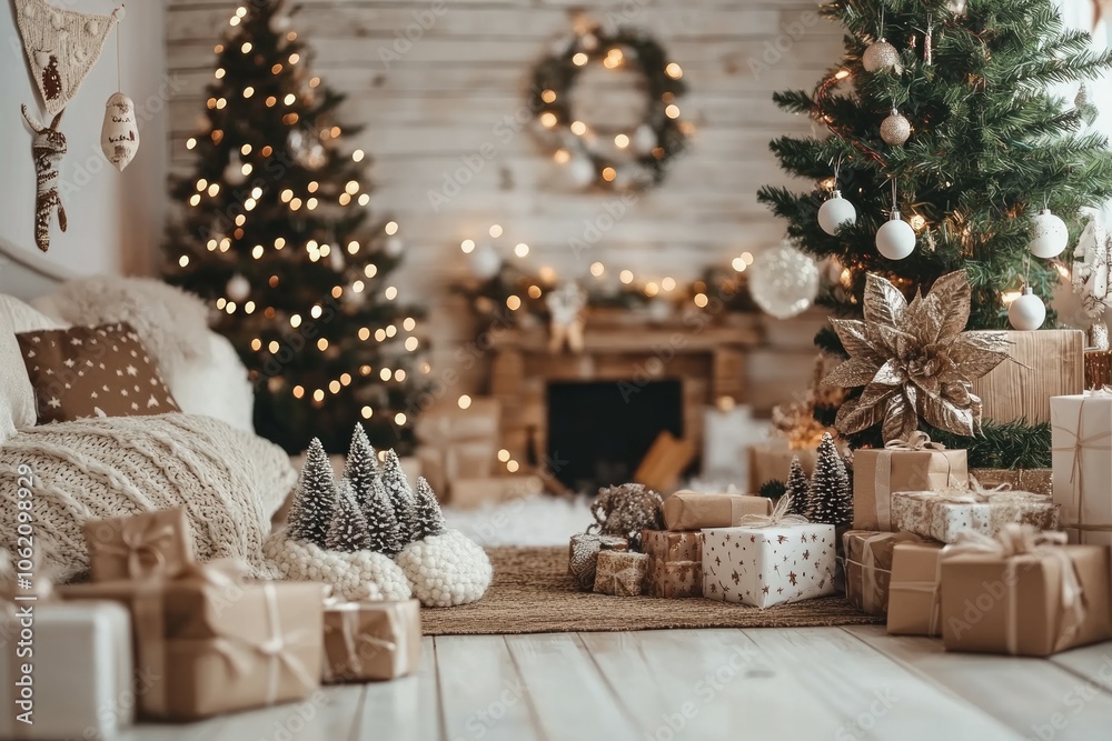 The interior of a rustic room decorated for New Year's Eve celebration, Cristmas theme The interior of a rustic room decorated for New Year's Eve celebration, Cristmas theme