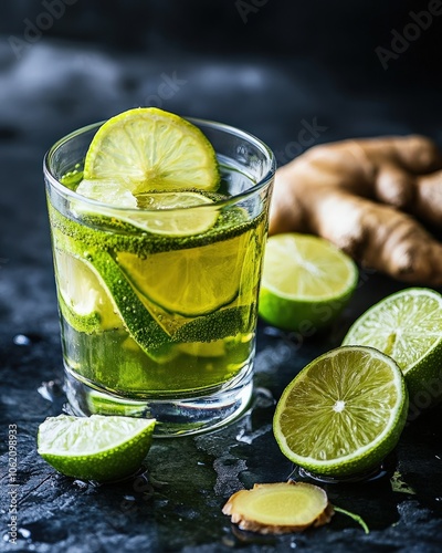 A zesty algae-based tonic featuring chlorella, ginger, and lime, providing a refreshing, detoxifying beverage that supports gut health and hydration, ideal for daily wellness photo