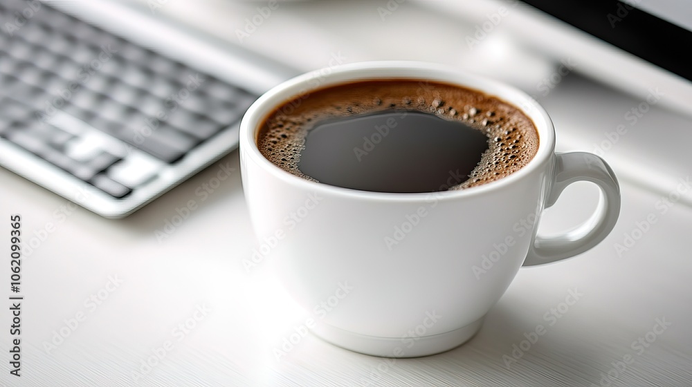 Coffee cup and computer notebook keyboard on office desk Coffee cup and computer notebook keyboard on office desk