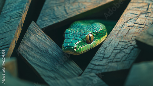 A striking green snake rests amid wooden planks in a sunlit forest, its textured scales reflecting light as it remains still, blending perfectly with its surroundings. photo