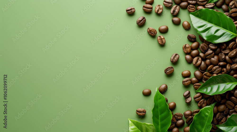 Coffee beans and green leaves arranged on a light green background