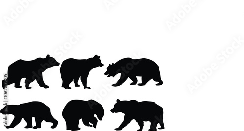 various bear silhouettes on the white background,wild grizzly and brown bears