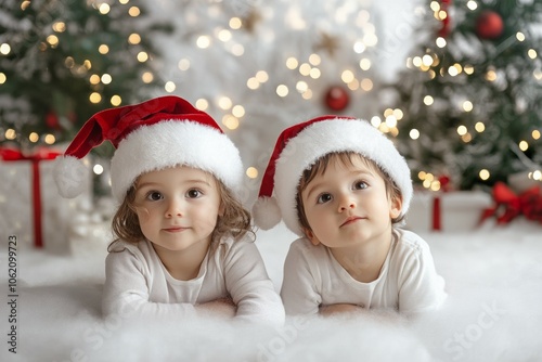 Two cute kids wearing red New Year hats, whole house decorated on Christmas day, gift boxes, happy new year concept