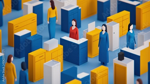 Individuals Navigate an Abstract Office Environment Filled with Colorful Workstations and Storage Units Reflecting Modern Workplace Dynamics and Collaboration