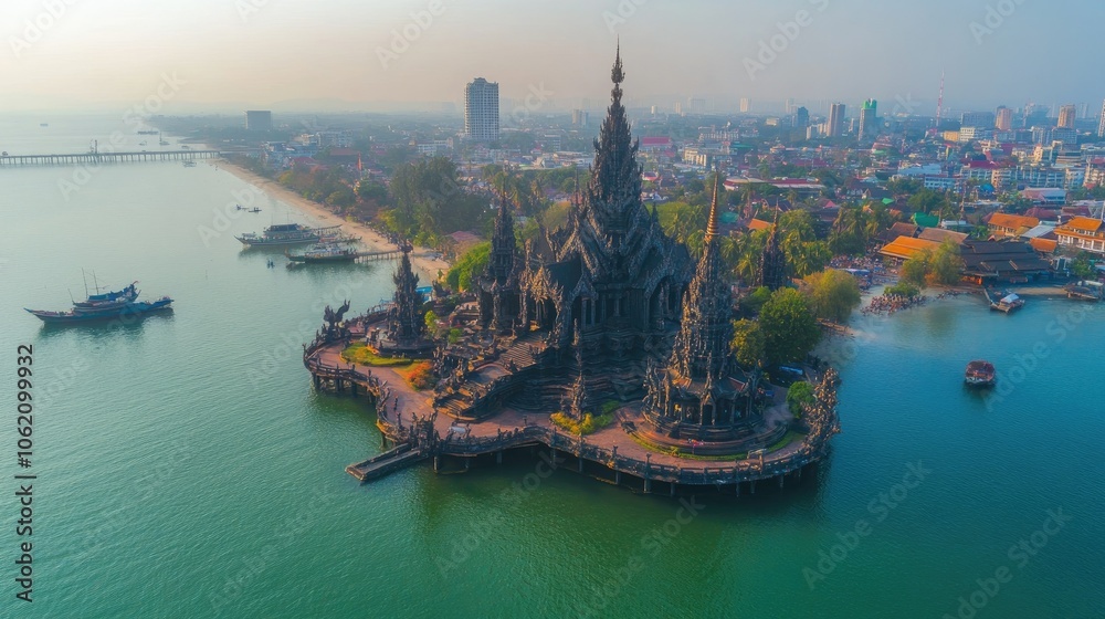 Obraz premium Aerial shot of Pattaya with Sanctuary of Truth by the shore, overlooking the vibrant city and sea