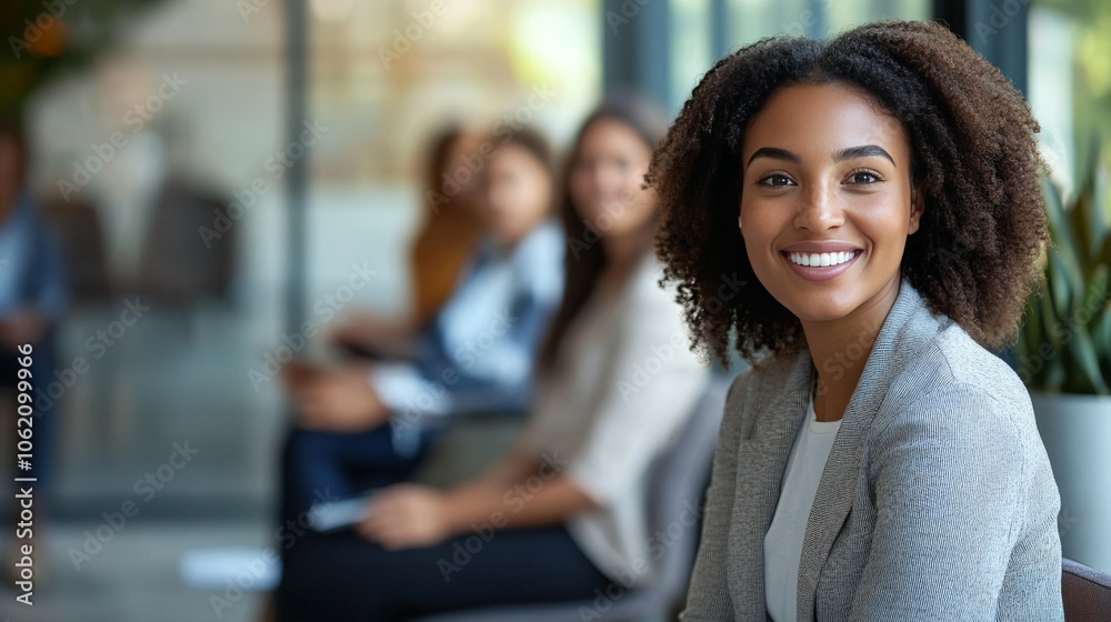 Obraz premium A Smiling Young Woman with Curly Hair, Sitting and Looking Directly at the Camera