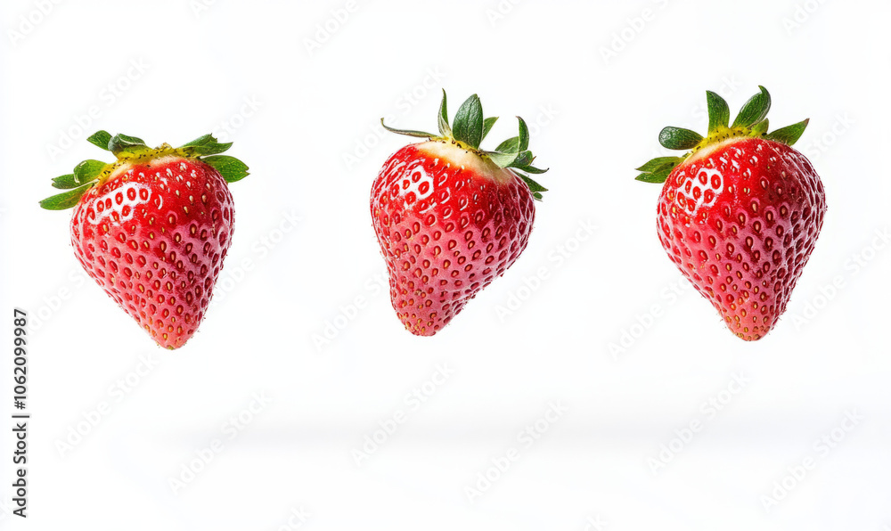 Fresh strawberries floating in mid-air against a white background Fresh strawberries floating in mid-air against a white background