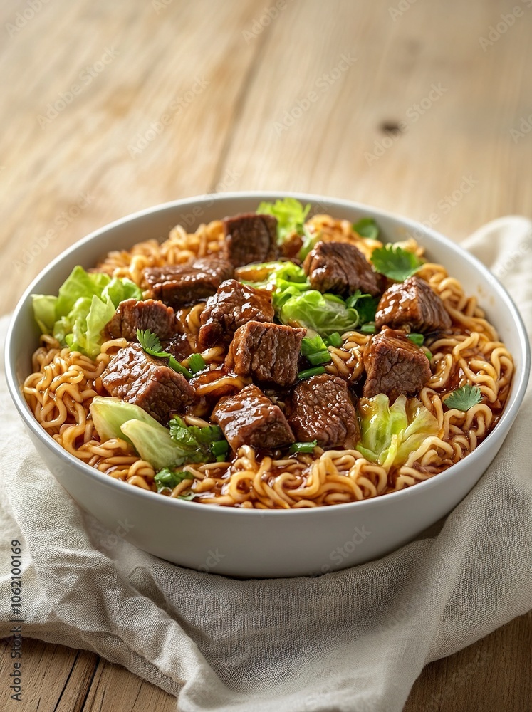 A bowl of braised beef instant noodles, chunks of beef, green cabbage leaves, coriander, placed on a light wood grain tabletop,generative ai A bowl of braised beef instant noodles, chunks of beef, green cabbage leaves, coriander, placed on a light wood grain tabletop,generative ai