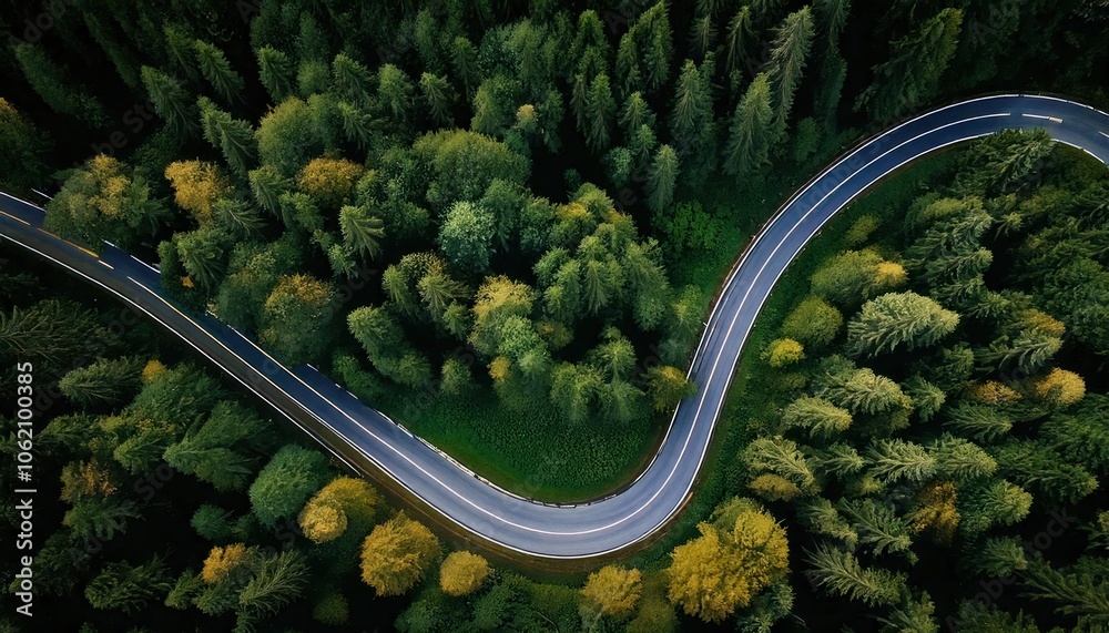  A winding road through a forest with trees on both sides 