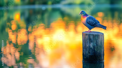 A Serene Old Dutch Capuchine Pigeon by a Tranquil Pond at Sunset photo