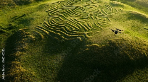 Grass labyrinth in nature, historical mystical structure from above