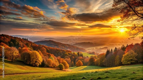 Autumn sunset over the valley, soon winter silhouette