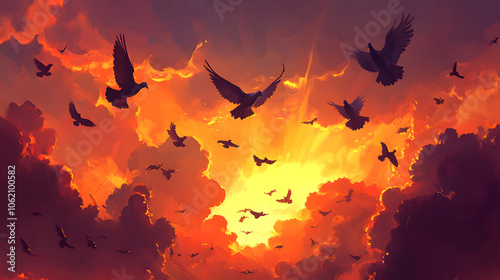 A Stunning Sight of a Flock of Tippler Pigeons Gliding Gracefully Through a Breathtaking Sunset Sky of Vivid Colors photo