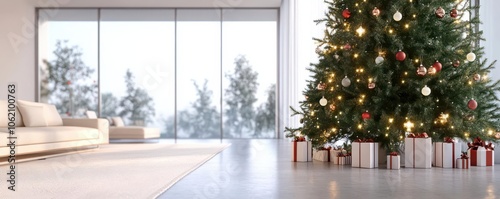 Open-plan space with modern Christmas decor and large tree  spacious holiday scene  3D illustration