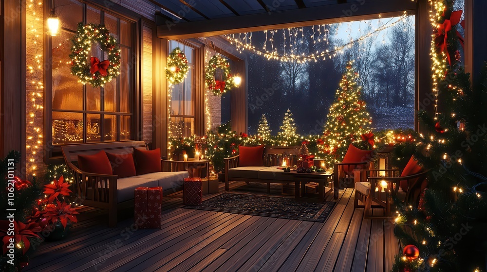 Fototapeta premium Outdoor patio with Christmas lights, festive seating, and holiday warmth, 3D illustration