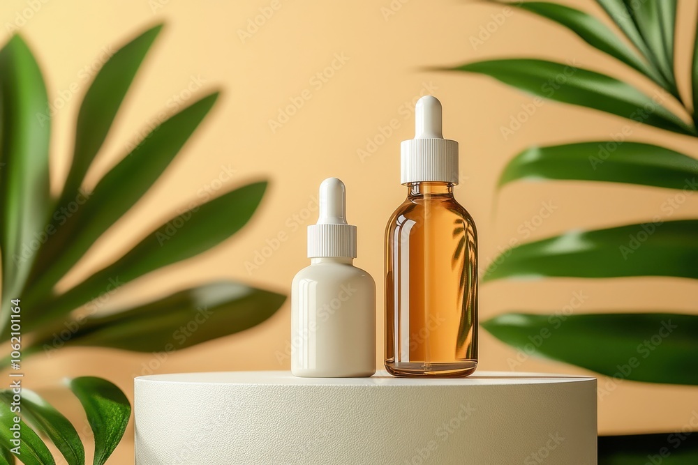 Serene Skincare Sanctuary: Hydrating Serums and Natural Oils on Display with Potted Plant and White Orchid. Serene Skincare Sanctuary: Hydrating Serums and Natural Oils on Display with Potted Plant and White Orchid.