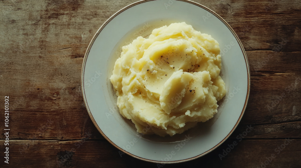 Creamy mashed potatoes served on a rustic wooden table for a cozy meal Creamy mashed potatoes served on a rustic wooden table for a cozy meal