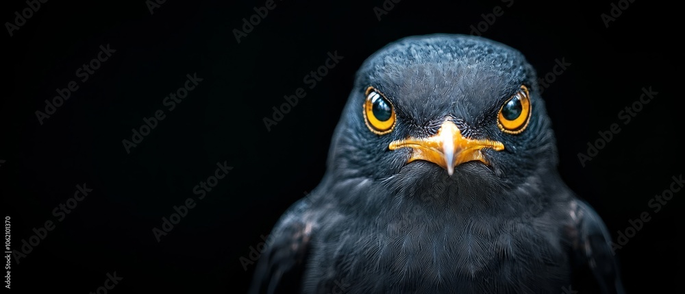 Fototapeta premium A tight shot of a black bird with a vivid yellow eye against a dark backdrop