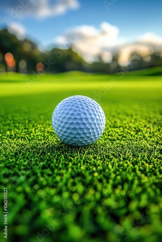 Golf Ball on Tee Over Sunlit Green
