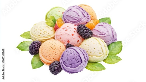 Ice cream with seasonal fruits and leaves, watercolor accents, 3D illustration